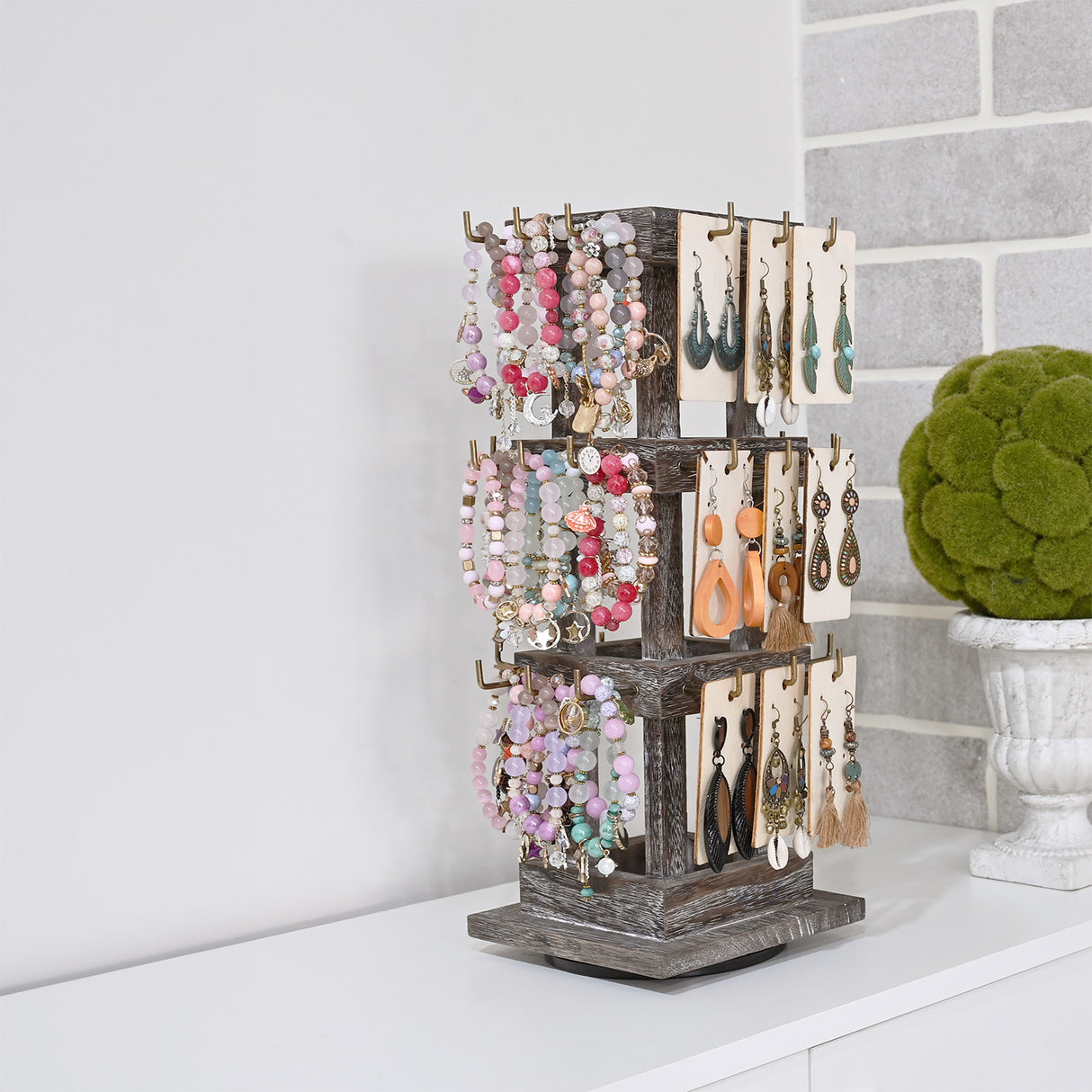 #WDJ5036  Natural Wood Rotating 36 Hooks Jewelry Tower