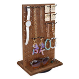 #WDJ6330BR Wooden Rotating Two-Sided Pegboard Jewelry Display Stand with 30 Removable Hooks, Brown Color