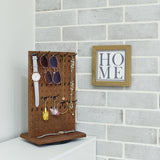 #WDJ6330BR Wooden Rotating Two-Sided Pegboard Jewelry Display Stand with 30 Removable Hooks, Brown Color