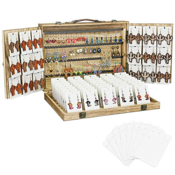 Portable Wooden Earring Display with 100pcs earring cards, Jewelry Display Case for Selling