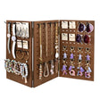 Wooden Foldable 3-Panel Jewelry Pegboard Display with 48 Removable Black Hooks, Brown Color