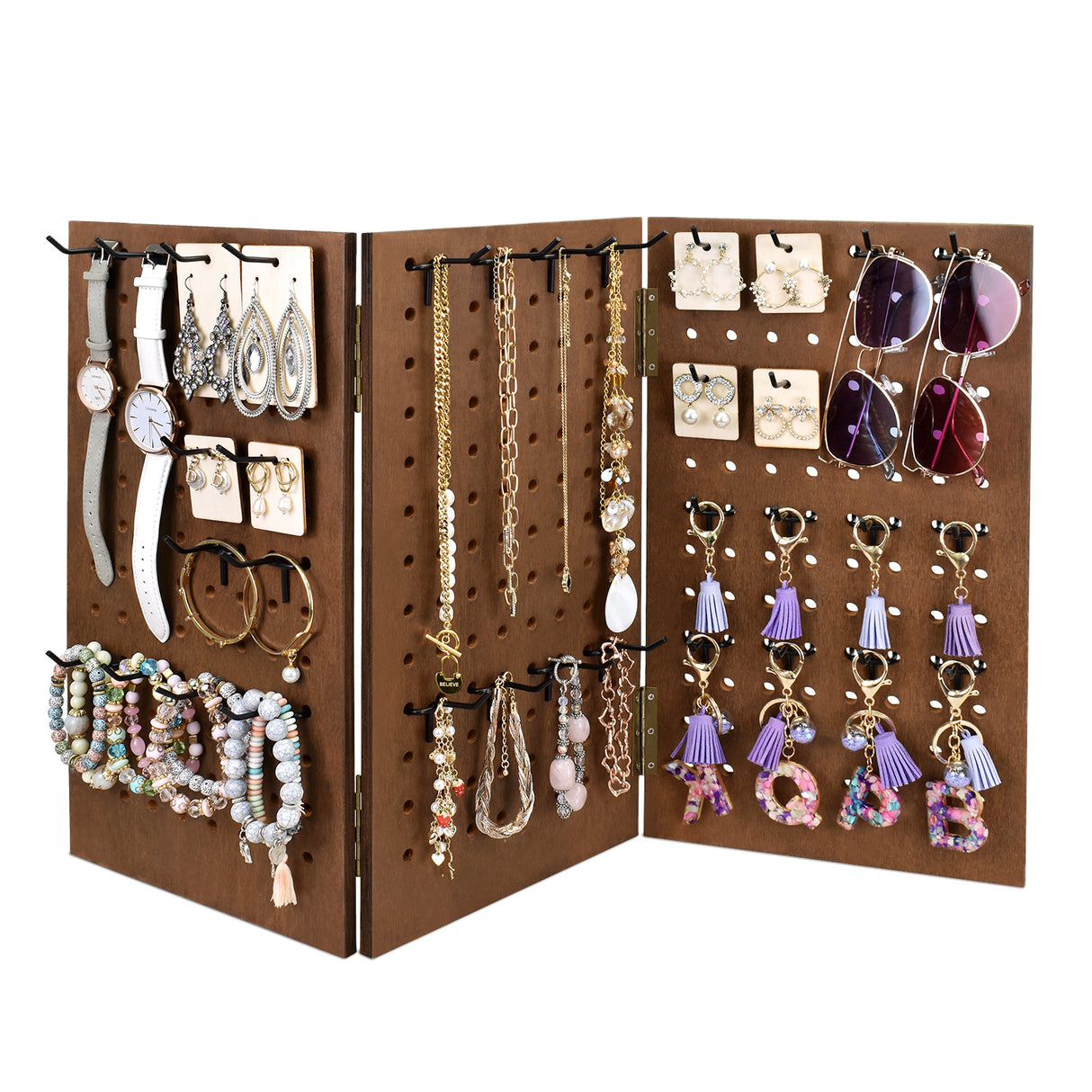 Wooden Foldable 3-Panel Jewelry Pegboard Display with 48 Removable Black Hooks, Brown Color