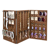 Wooden Foldable 3-Panel Jewelry Pegboard Display with 48 Removable Black Hooks, Brown Color