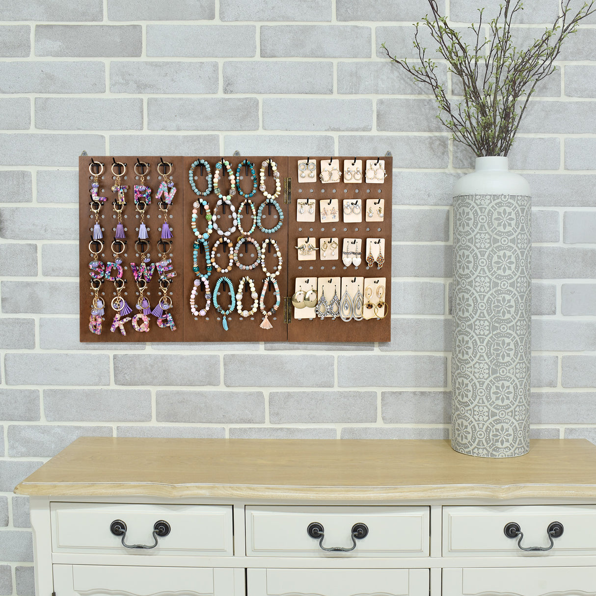 Wooden Foldable 3-Panel Jewelry Pegboard Display with 48 Removable Black Hooks, Brown Color