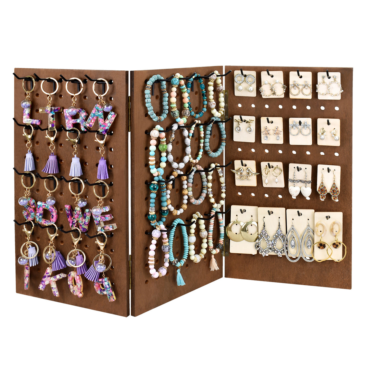 Wooden Foldable 3-Panel Jewelry Pegboard Display with 48 Removable Black Hooks, Brown Color