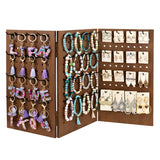 Wooden Foldable 3-Panel Jewelry Pegboard Display with 48 Removable Black Hooks, Brown Color