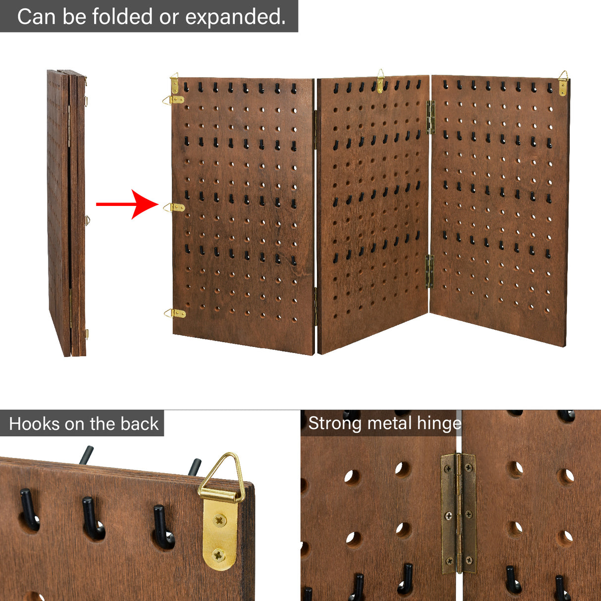 Wooden Foldable 3-Panel Jewelry Pegboard Display with 48 Removable Black Hooks, Brown Color