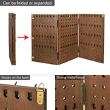Wooden Foldable 3-Panel Jewelry Pegboard Display with 48 Removable Black Hooks, Brown Color