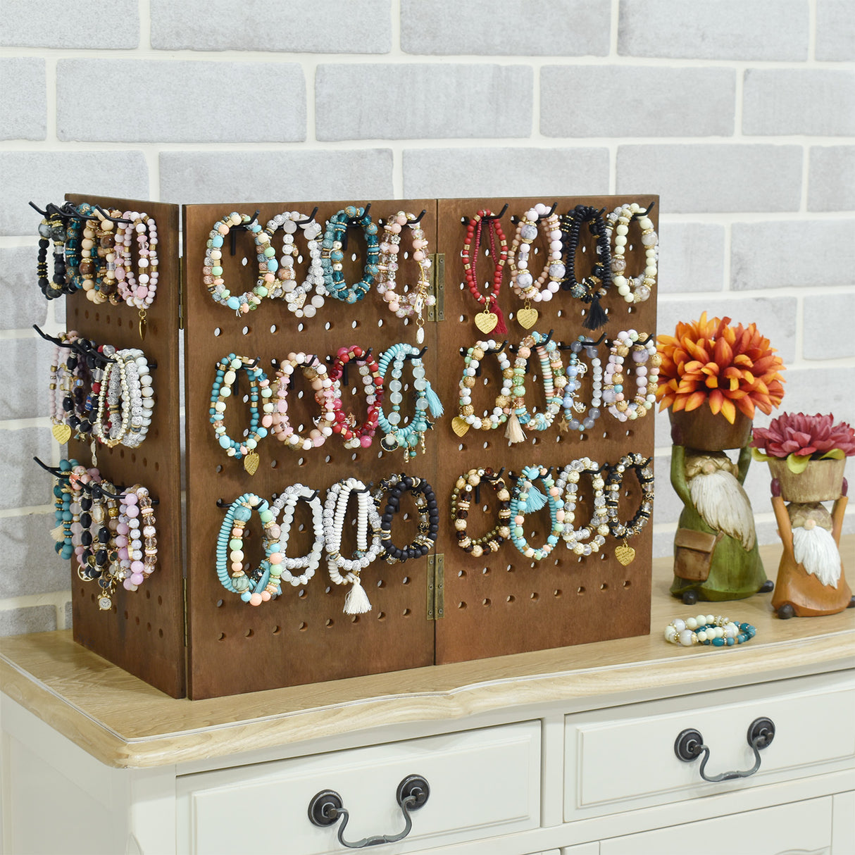 Wooden Foldable 3-Panel Jewelry Pegboard Display with 48 Removable Black Hooks, Brown Color