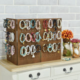 Wooden Foldable 3-Panel Jewelry Pegboard Display with 48 Removable Black Hooks, Brown Color