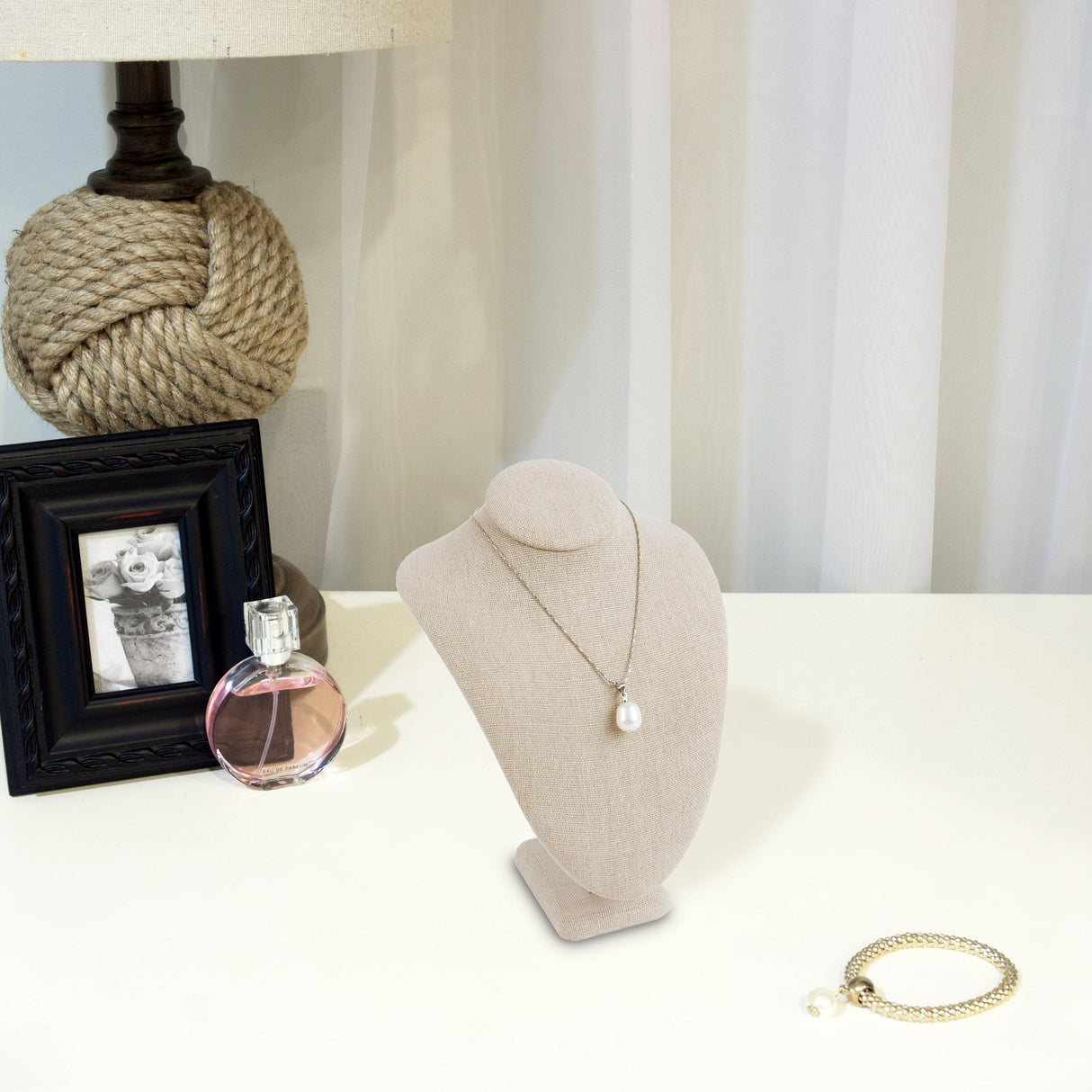 #189-3-LNT Linen Covered Necklace Display Bust, Tan Linen