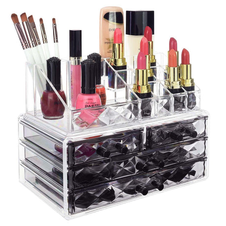 #COMS4497BK Jewelry and Makeup Organizer Two Pieces Set, Clear Diamond Pattern