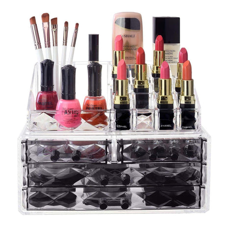 #COMS4497BK Jewelry and Makeup Organizer Two Pieces Set, Clear Diamond Pattern