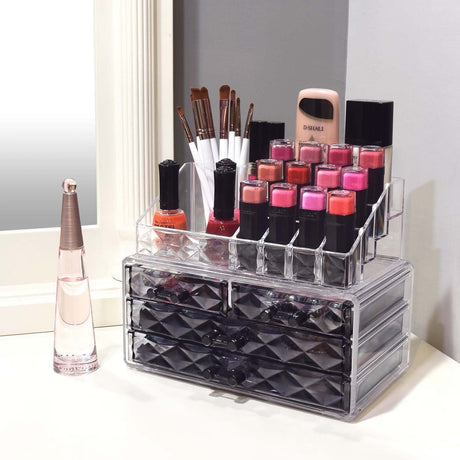 #COMS4497BK Jewelry and Makeup Organizer Two Pieces Set, Clear Diamond Pattern
