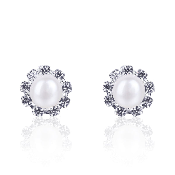 #GIF-6508E Silver Plated Near Round Freshwater Cultured Pearl with Rhinestone Flower Petals Earring