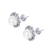 #GIF-6508E Silver Plated Near Round Freshwater Cultured Pearl with Rhinestone Flower Petals Earring