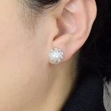#GIF-6508E Silver Plated Near Round Freshwater Cultured Pearl with Rhinestone Flower Petals Earring