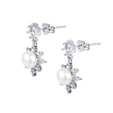 #GIF-P0505E Silver Plated Button Freshwater Pearl Cultured with Rhinestone Snowflake Stud Earrings