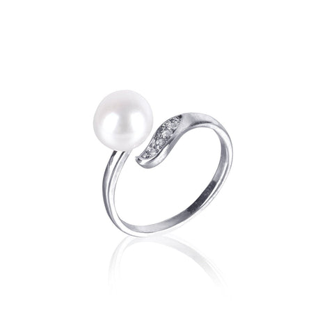 #GIF-P5004R Adjustable Silver Plated Button Freshwater Cultured Pearl with Rhinestone Ring