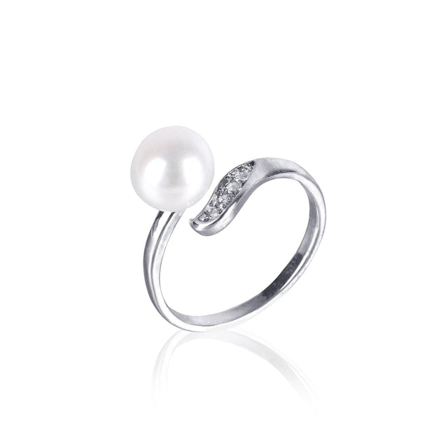 #GIF-P5004R Adjustable Silver Plated Button Freshwater Cultured Pearl with Rhinestone Ring