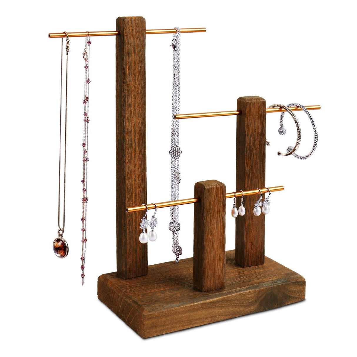 #WD1303 3-Tiers Wooden Adjustable Aluminum Bar Necklace Display Stand