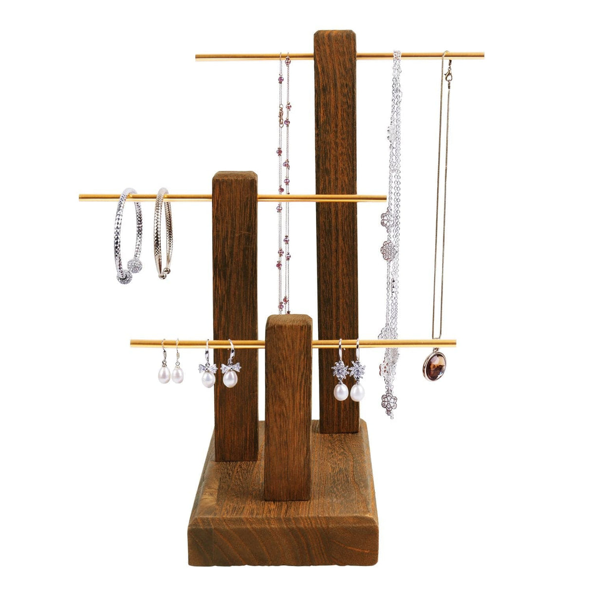 #WD1303 3-Tiers Wooden Adjustable Aluminum Bar Necklace Display Stand