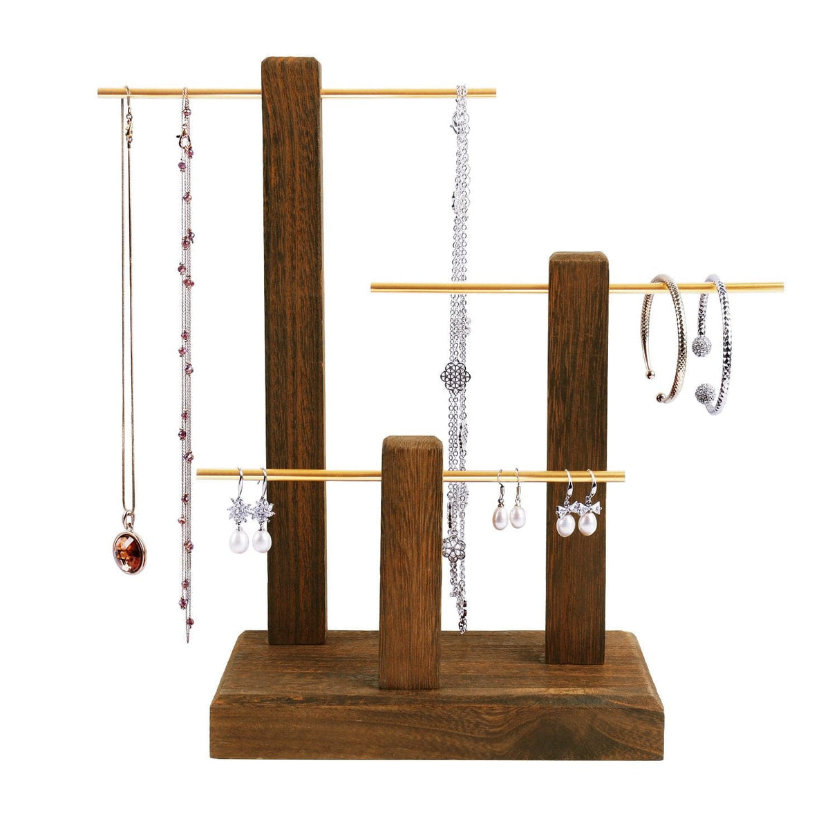 #WD1303 3-Tiers Wooden Adjustable Aluminum Bar Necklace Display Stand
