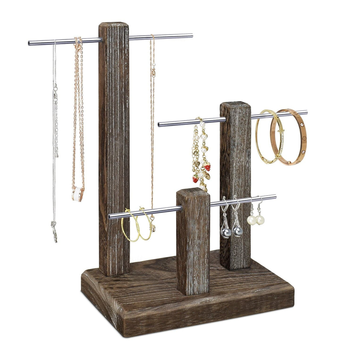 #WD1303 3-Tiers Wooden Adjustable Aluminum Bar Necklace Display Stand