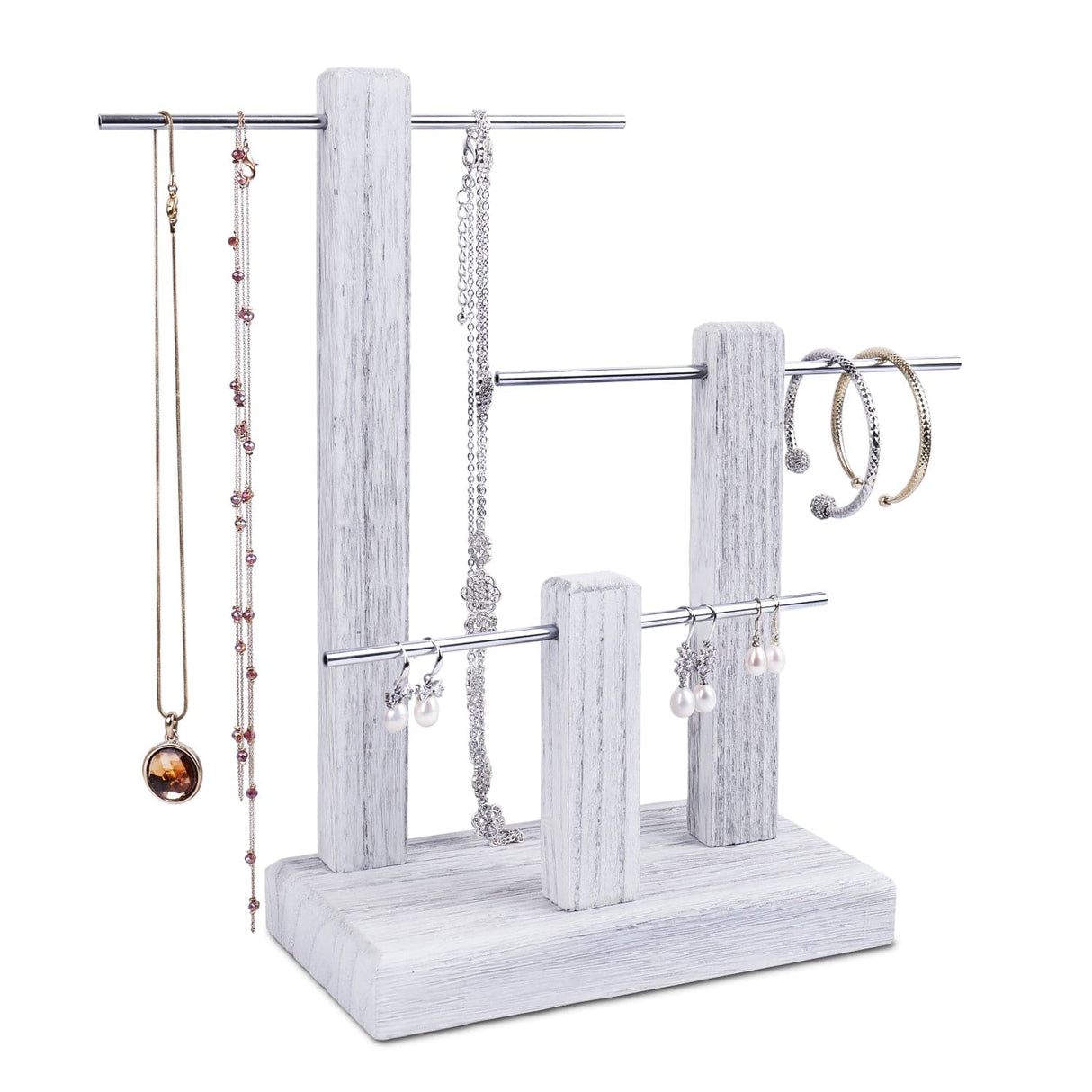 #WD1303 3-Tiers Wooden Adjustable Aluminum Bar Necklace Display Stand