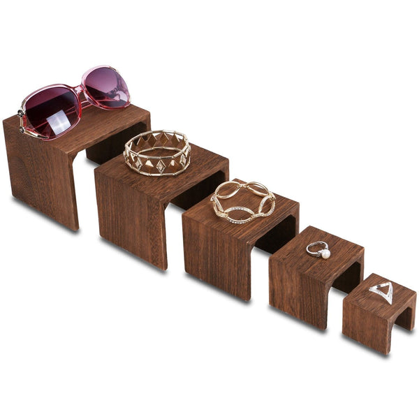 #WD525BR 5 Pieces Wooden Multi Functions Jewelry Display Riser, Brown Color