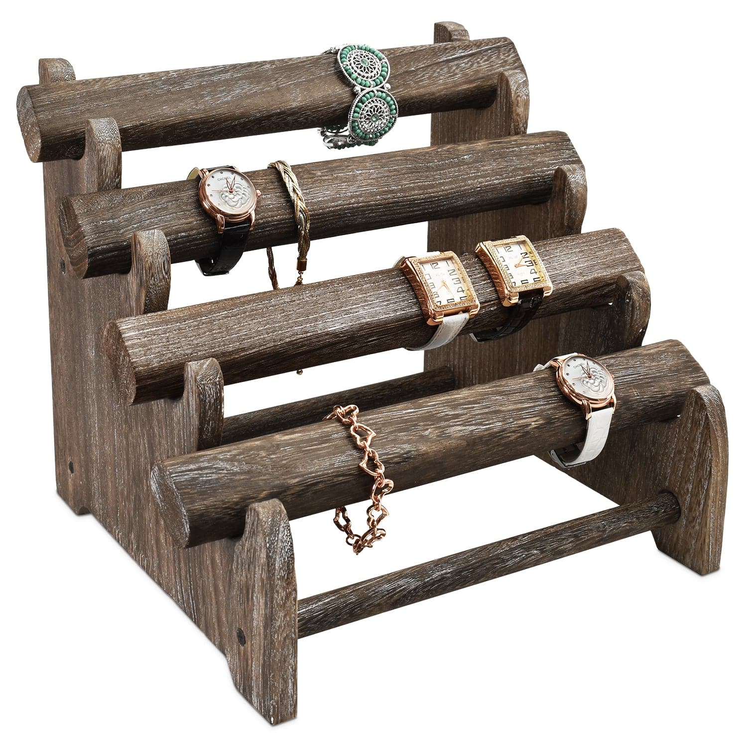 #WD9866DBR Two-Sided Rotating Wooden Jewelry Bracelet Display Stand-6  Removable Holders, 3 Tier Bar Bangle Organizer-Perfect