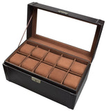 Deluxe Espresso Brown Watch Display Storage Case with Lock-Nile Corp